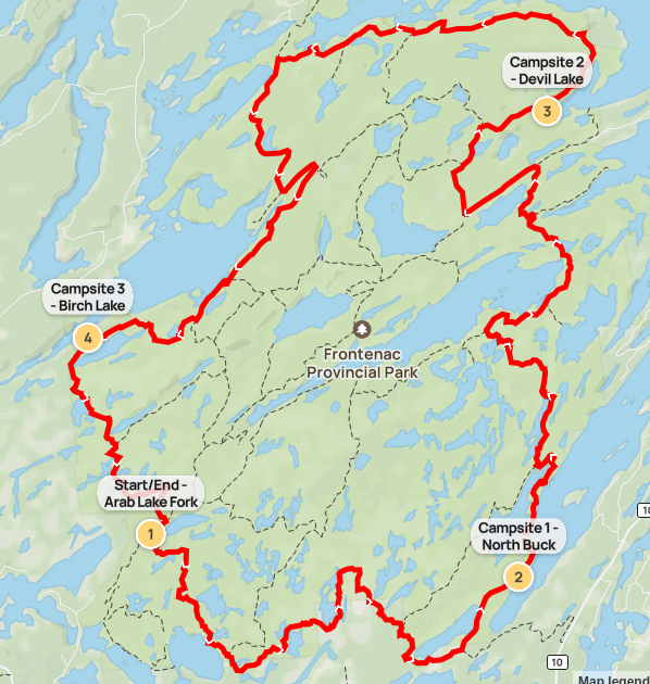 Map of Frontenac Park route that was hiked
