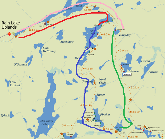 Map of western uplands route with colours for each leg